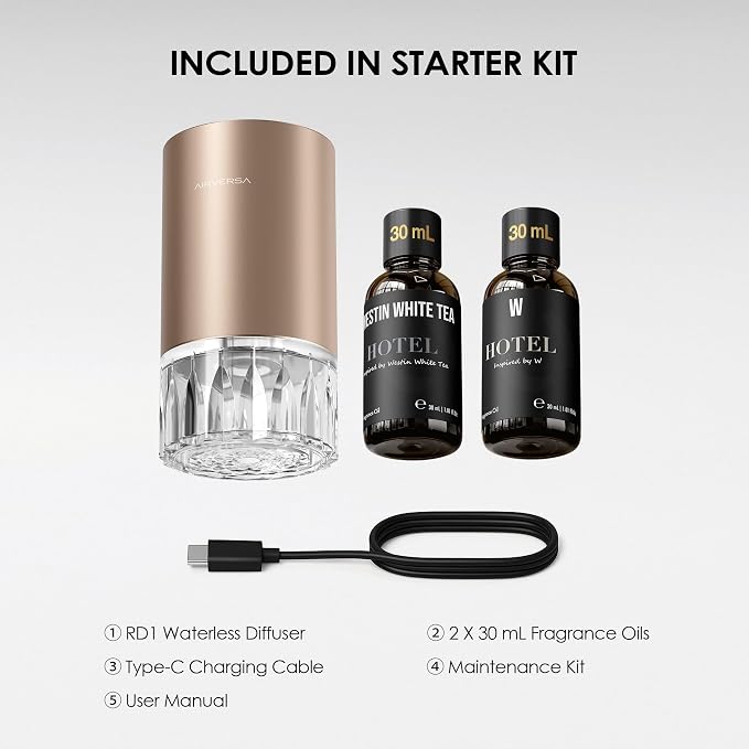 Airversa RD1 Waterless Essential Oil Diffuser Starter Kit, Titanium | 2x30 mL Hotel Scent Fragrance Oil, Up to 600 sq ft, Battery Operated, 100mL Capacity, Multi-mode Ambient Light, RD1Kit-2x30-B