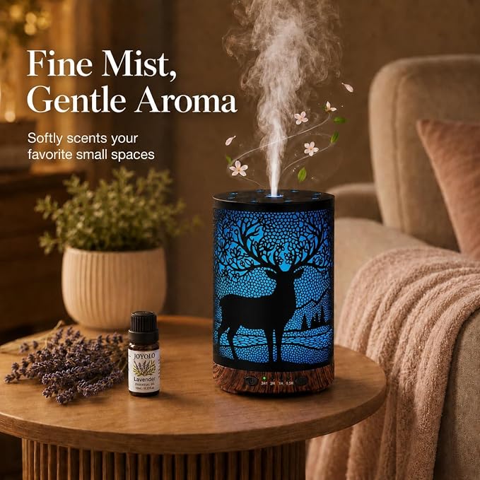 Essential Oil Diffuser 120ML Metal Aromatherapy Diffuser with Timer, Cool Mist Humidifier with Auto Shut-Off & 7 Color Lights for Home Office Spa (Forest Deer)