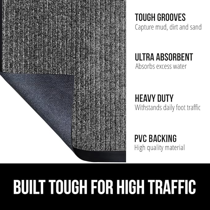 GORILLA GRIP Traffic Guard Door Mat, 2 Pack, Heavy Duty Waterproof Doormat, Commercial Office Space Welcome Mats, Stain and Fade Resistant, Low Profile, Strong Rubber Backing, 35x23, Light Gray