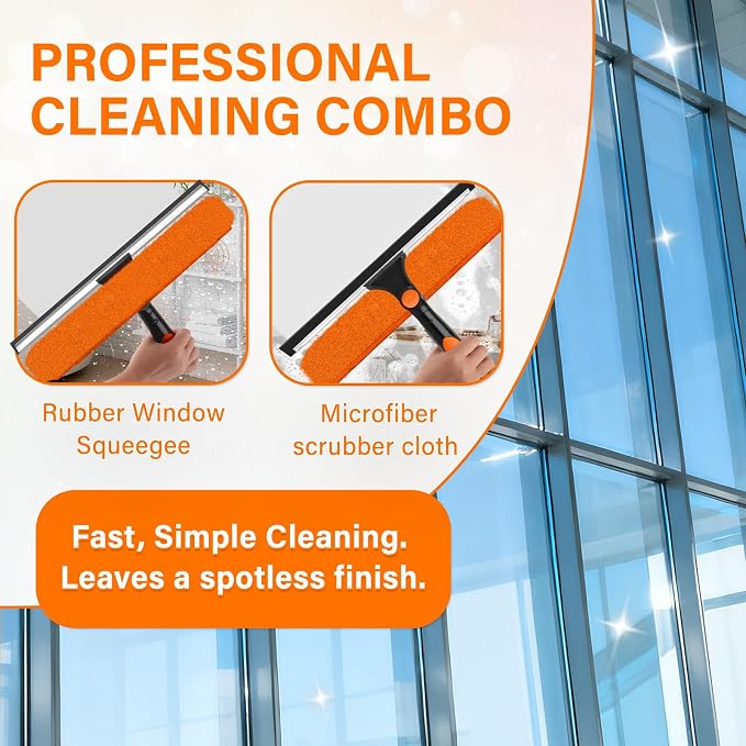 14" Extra-Wide Window Squeegee with 5-24FT Extension Pole | 30FT High Reach Window Cleaning Kit with- 2-in-1 Professional Window Scrubber, for Indoor & Outdoor High Windows,RVs