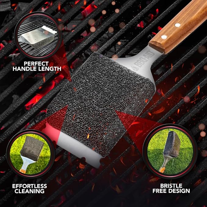 Bristle Free Grill Brush Cleaner and Scraper for Barbecue, Replaceable Head | Bristle-Free Grill Brush with Replaceable Head & Acacia Wood Handle. Heavy-Duty Scraper, No-Scratch BBQ Grate Cleaning.