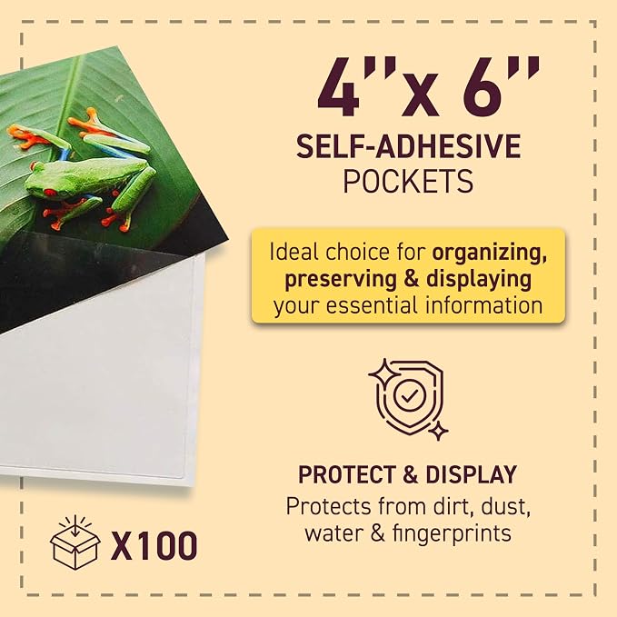 Tarifold Self-Adhesive Photo Pockets, 4 Inches x 6 Inches, Clear, 100 Pack | 100 clear polypropylene pockets, 4 inches x 6 inches, self-adhesive backing, protects photos and cards, top-loading
