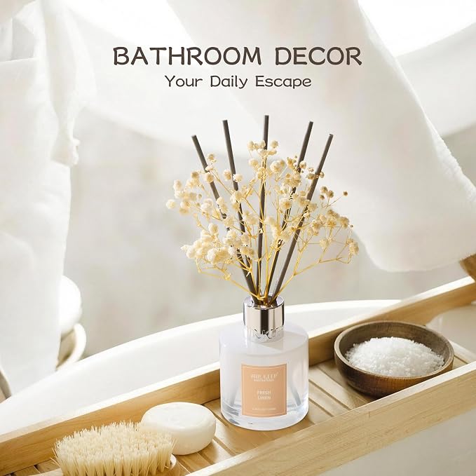 Reed Diffuser Set,3.38 fl oz (100 ml) - Fresh Linen Oil Diffusers with 8 Reed Sticks, Home Fragrance Reed Diffuser for Bathroom Shelf Decor
