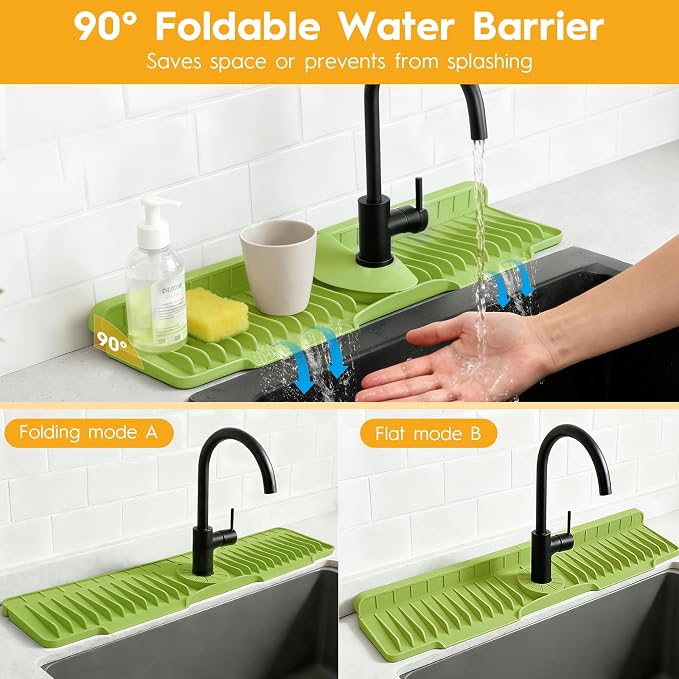 24" Silicone Faucet Mat for Kitchen Sink Released in 2026,8° Slope Fast Self-draining-Kitchen Sink Splash Guard,Bathroom Kitchen Sink Area Water Splash Guard Behind Faucet Draining Mat(Green)