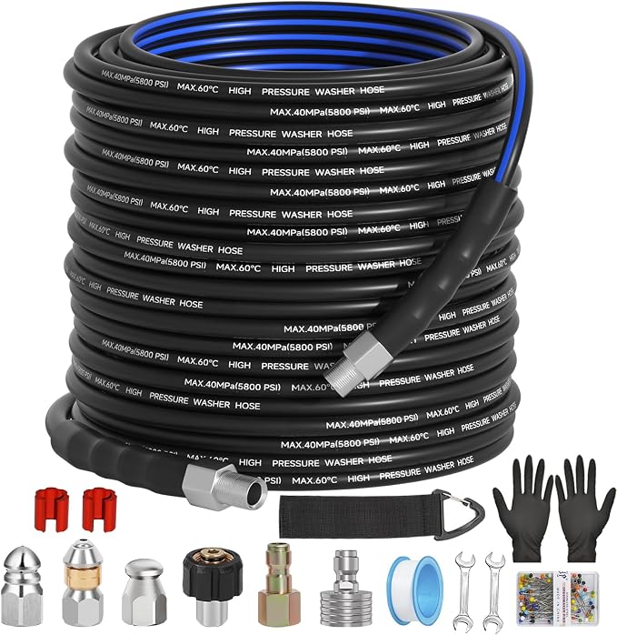 Sewer Jetter Kit for Pressure Washer(150FT),1/4" NPT Drain Cleaner Hose 5800PSI with 3 Sewer Jet Nozzles，Pearl Corsage Pin，Marking Ring,Spray Nozzle，Teflon Tape&Gloves