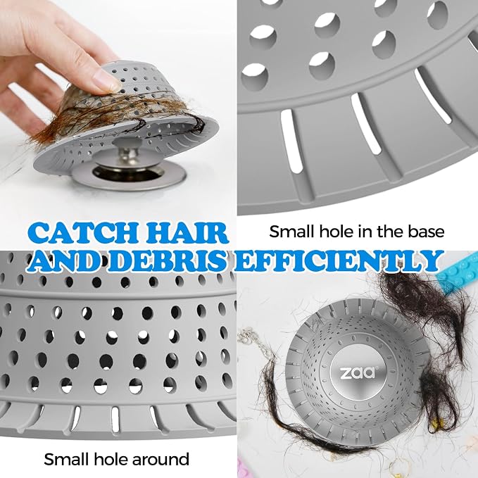 zaa Bathtub Drain Hair Catcher, Premium Silicone Shower Hair Catcher, 1Pack Collapsible Hair Stopper for Pop Up and Regular Drains of Shower, Bathtub, Bathroom Sink, Bathroom Fixture Accessories, Gray