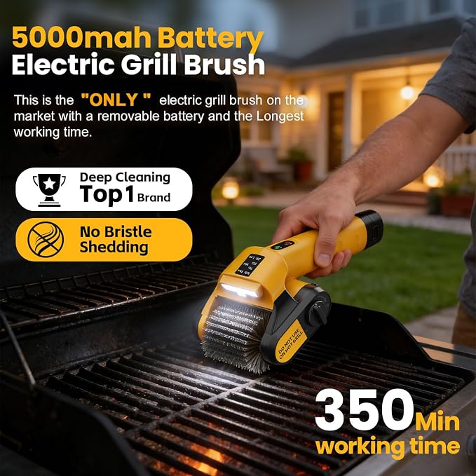 5000mAh 350 Mins Runtime Electric Rotary Grill Brush G2, 800RPM Powerful Outdoor Automatic Grill Cleaning Brush, 304 Stainless Steel No Bristle Shedding Cordless BBQ Cleaner