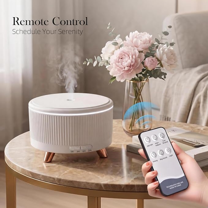 500ml Essential Oil Diffuser, Ultrasonic Aromatherapy Diffuser | Cool Mist Humidifier with Remote Control, 7-Color Lighting, Timer & Auto-off for Home/Bedroom/Yoga/Office/Living Room (White)