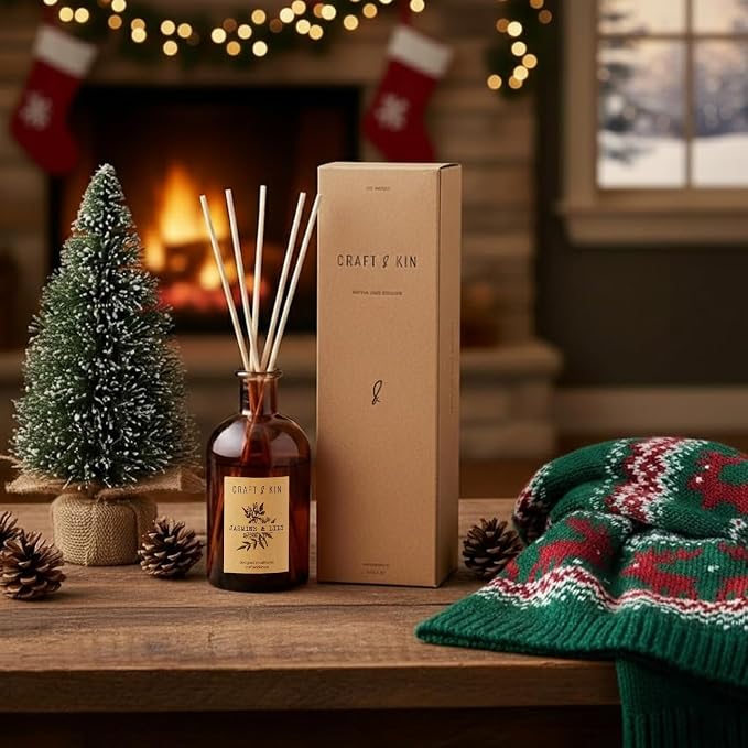 Craft & Kin Lily & Jasmine Reed Diffuser – 5.75 oz Essential Oil Diffuser for Home & Bathroom – Up to 120-Day Fragrance with 8 Rattan Scent Sticks – Amber Glass Room Decor