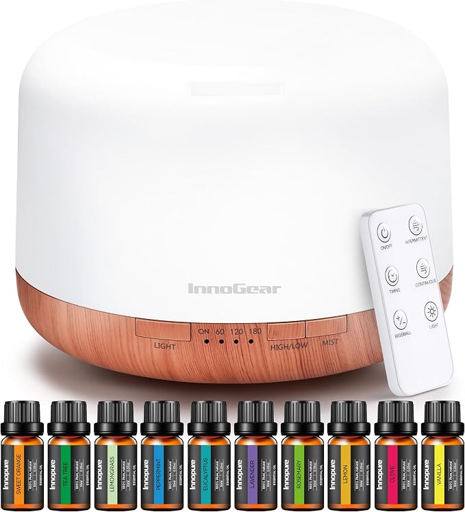 InnoGear 500ml Aromatherapy Diffuser for Home 10 Essential Oil Set, Yellow | Gift Set, Remote Control, Automatic Shut-Off, 4 Timers, Quiet, Run up to 18hrs, Cool Mist Humidifier, Large Room, Easy to Use
