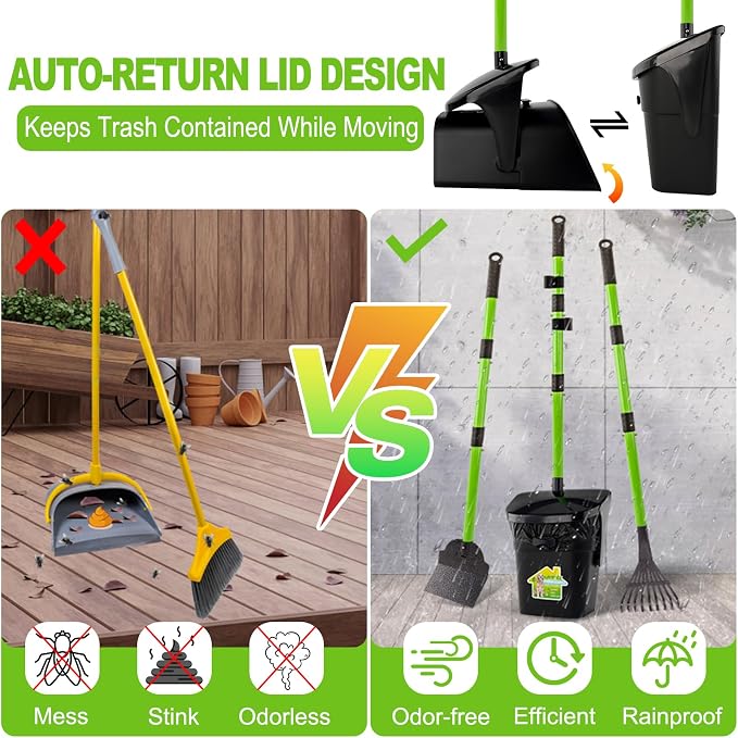 LANNEY Pooper Scooper - 38" Long Adjustable Metal Handle Dog Pooper Scooper Swivel Bin & Rake & Spade with 50 Bags Attachment, Portable Heavy Duty Dog Poop Scooper for Yard Dogs Large Medium Small