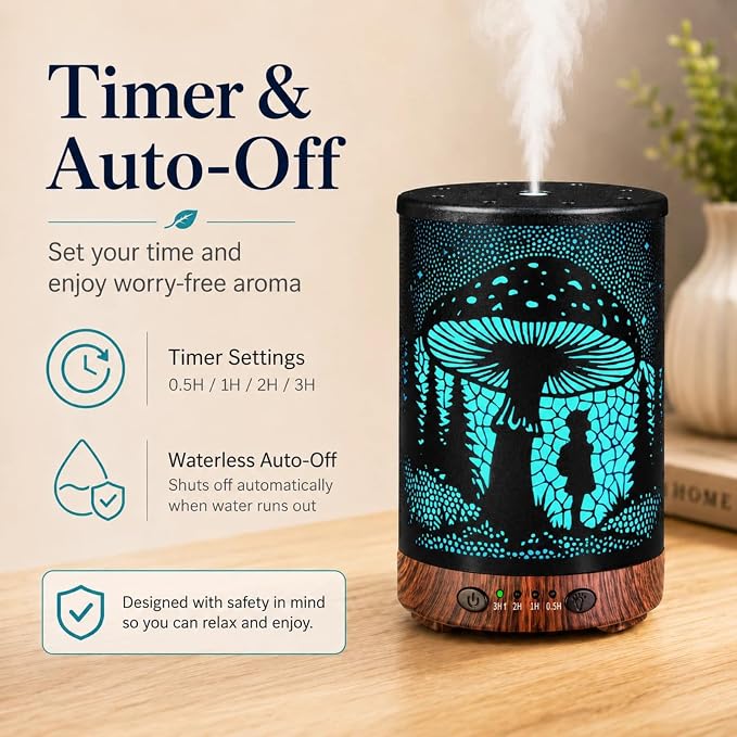 Essential Oil Diffuser 120ML Metal Aromatherapy Diffuser with Timer, Cool Mist Humidifier with Auto Shut-Off & 7 Color Lights for Home Office Spa (Mushroom Girl)