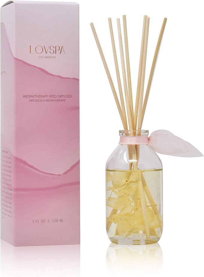 Reed Diffuser Set - Soothe Tahitian Vanilla Bean Scented Diffuser | Home Fragrance Reed Diffuser for Bedroom, Bathroom Shelf Décor, with Real Florals in the Bottle - Made in the USA