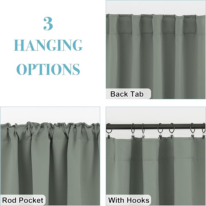 RYB HOME Sage Green Curtains for Living Room, Elegent Farmhouse Vertical Back Tab& Rod Pocket Blackout Window Decor for Bedroom Dining, Sliding Glass Door Home Office Drapes, W62 x L84, 2 Panels