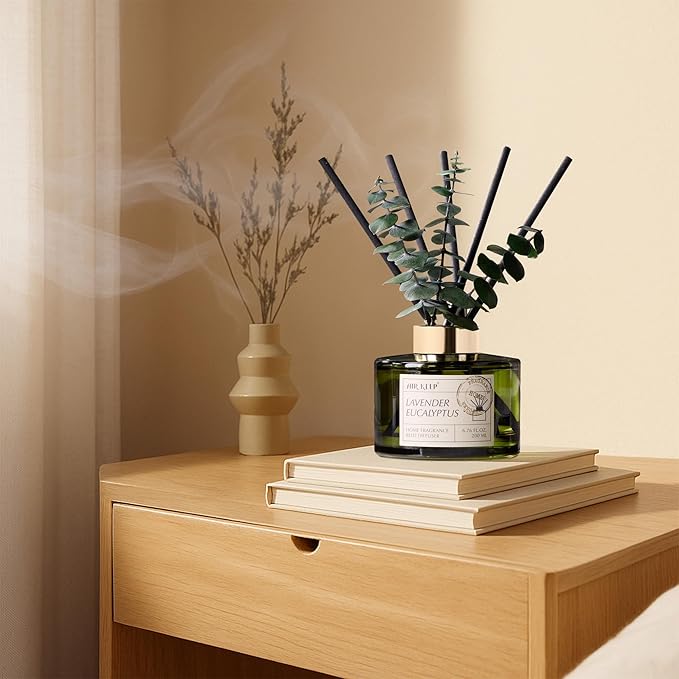 Reed Diffuser Set with 6.76 fl oz Lavender Eucalyptus Scent Essential Oils and 3 Leaves & 8 Diffuser Sticks,Bathroom Shelf Decor & Air Freshener, House Bedroom Office Decor & Gifts