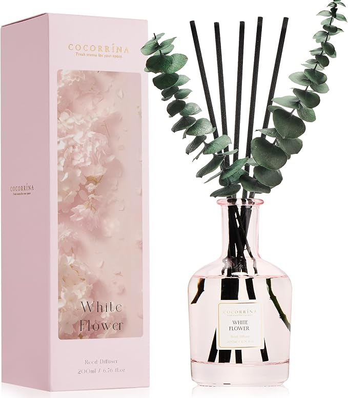White Flower Reed Diffuser, 6.76 oz | Real Dried Eucalyptus Leaves, 8 Reeds, Long-Lasting Essential Oil, Home Fragrance, Bedroom or Bathroom Décor