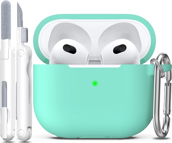 R-fun Compatible with AirPods 3 Case Cover, Silicone Protective Accessories Skin with Keychain Compatible with Apple AirPod 3rd Generation 2021 for Women Men Girls Boys,Front LED Visible,Mint Green