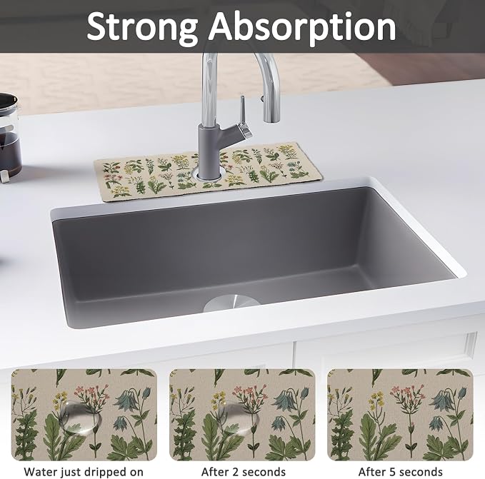 15" X 5.5" Kitchen Sink Splash Guard Faucet Mat Floral Super Absorbent Fast Drying Faucet Guard & Draining Mat Sink Splash Guard Behind Faucet for Kitchen, Bathroom
