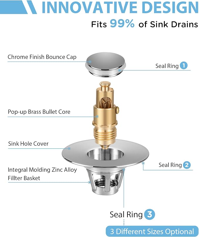 Bathroom Sink Drain Strainer, 2 in 1 Anti-Clogging Sink Stopper with Hair Catcher, Universal Pop-Up Sink Drain Plug Fits 1.1" ~ 1.5" Drain, Solid Brass (Chrome)