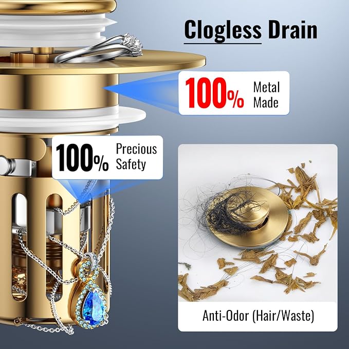 (2 Pc) 1s Installation - All Metal Bathroom Sink Stopper Fit 99% - 3 in 1 Universal Pop Up Stopper with Removable Stainless Steel Filter Basket Hair Catcher - Sink Stopper (Golden)