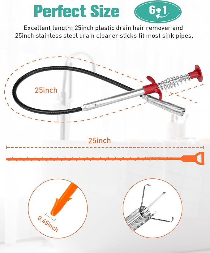 Oanie 7 Pack 25inch Drain Clog Remover Tool, Cleaner Hair Clog Remover(6pcs), Cleaner Sticks to Drain Hair Clog for Remover(1pcs), Sink Snake for Shower Kitchen Sink Bath Tub Bathroom(6+1)