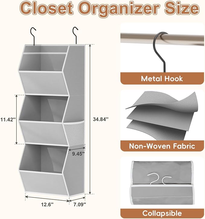 Closet Hanging Organizer with Pockets, 3 Shelf Hanging Clothes Organizers | Kids Closet Organizers and Storage for Clothes Fabric Hanging Storage Bins for Wardrobe Closet Organization and Storage, Grey