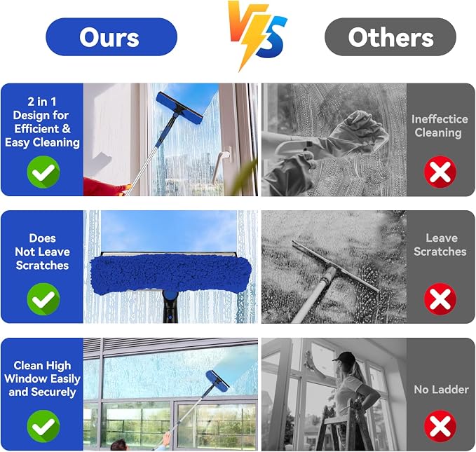Window Squeegee Tool with Extension Pole: 20+ Feet Microfiber Scrubber Window Cleaning Kit for Rv Truck Bus Car Windshield - 3 to 14 Ft Spliceable Extendable Long Duster for High Outside Solar Panel