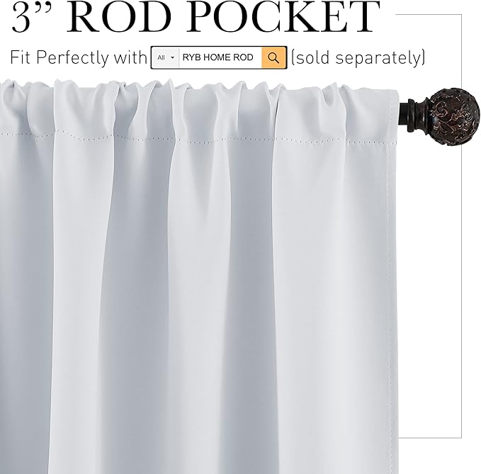 RYB HOME White Curtains for Bedroom - Room Darkening Curtains Thermal Insulated Sunlight Block for Kitchen Cabinet Basement Bathroom Window Covering, W 29 x L 36, Grayish White, 2 Panels