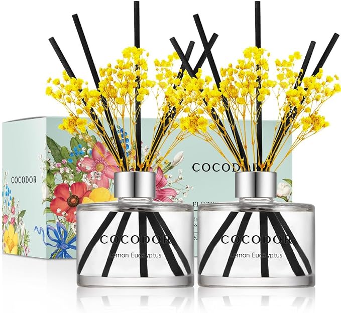 COCODOR Preserved Real Flower Reed Diffuser/Lemon Eucalyptus / 6.7oz(200ml) / 2 Pack/Reed Diffuser Set, Oil Diffuser & Reed Diffuser Sticks, Home Decor & Office Decor, Fragrance and Gifts