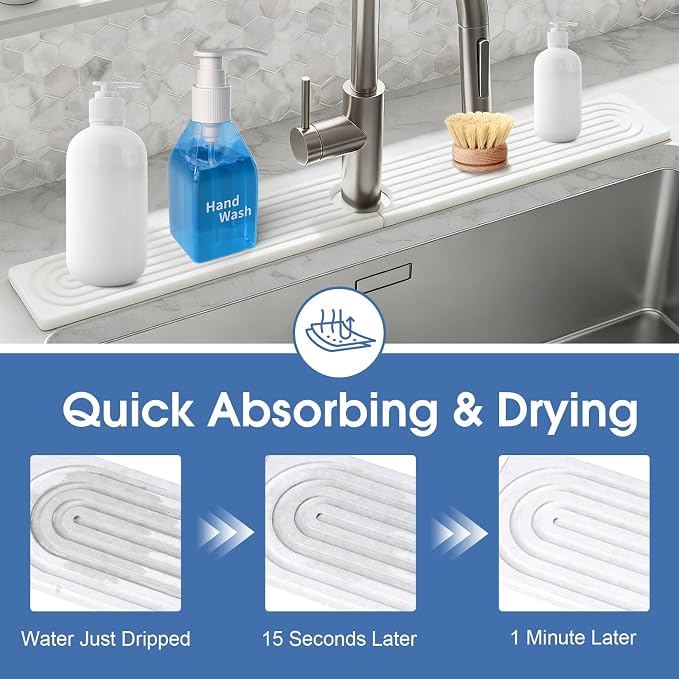 Stone Faucet Mat for Kitchen Sink, Silicone Faucet Handle Drip Catcher Tray Mat, Silicone Kitchen Sink Splash Guard for Bathroom Counter Kitchen Counter Accessories, White, 30" x 4"