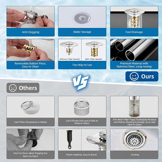 3-in-1 Universal Sink Drain Strainer,Muyiajou Pop Up Stopper with Hair Catcher, Stainless Steel Replacement Plug with Removable Filter Basket for 1.1" to 2.36" Bathroom Sink Basin (1, Gold)