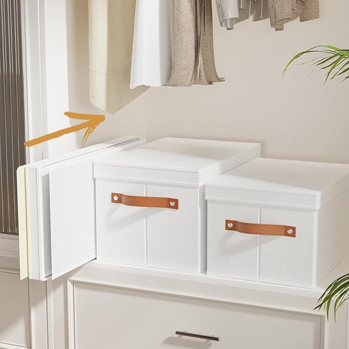 Fabric Storage Bins, Clothes Boxes for Shelves with Lids, Baskets for Organizing with Handles, Decorative Linen Closet Organizers, White, 3 Pack, 15 x 9.8 x 8.3 Inch