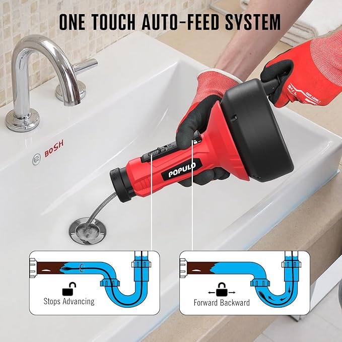 POPULO 17FT Auto Feed Drain Snake, Upgraded Toliet Auger for 3/4"-2" Pipe, Plumbing Hair Drain Clog Remover with Extension Tube for Toliet, Shower, Bathtub, Kitchen, Sink, 2025 PMDA-G2