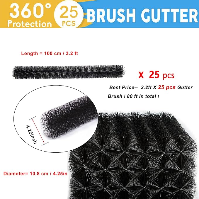 25 Pack Gutter Brush Leaf Guard for 5 Inch Gutters 80ft 4.33" Diameter | Leaf Filter Insert Brush ,Stops Clogs from Leaves & Debris, No Tools DIY, 3.2ft x 25 Simple Gutter Guard Downspout Guard