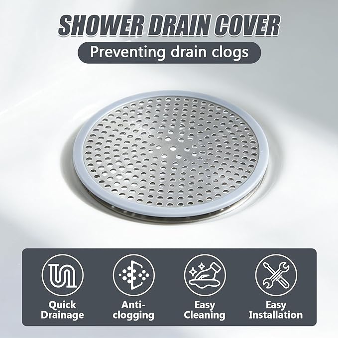 Stainless Steel Shower Drain Hair Catcher/Strainer/Silicone Edges | 4.72-inch diameter, suitable for bathroom and kitchen drains, silver