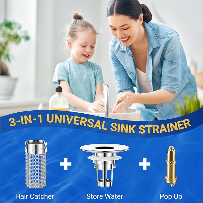 Bathroom Sink Drain Strainer, Pop-Up Bathroom Sink Stopper with Removable Stainless Steel Hair Catcher Basket, Universal Fit for US Bathroom Sinks, Showers & Floor Drains (3pcs)