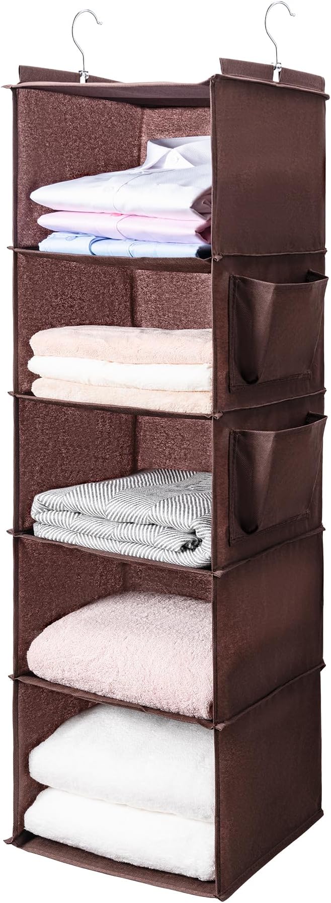 BOOMIBOO Hanging Closet Organize and Shelves,5-Hanging Shelf（Browm） | with 2 Side Pockets，Storage Foldable