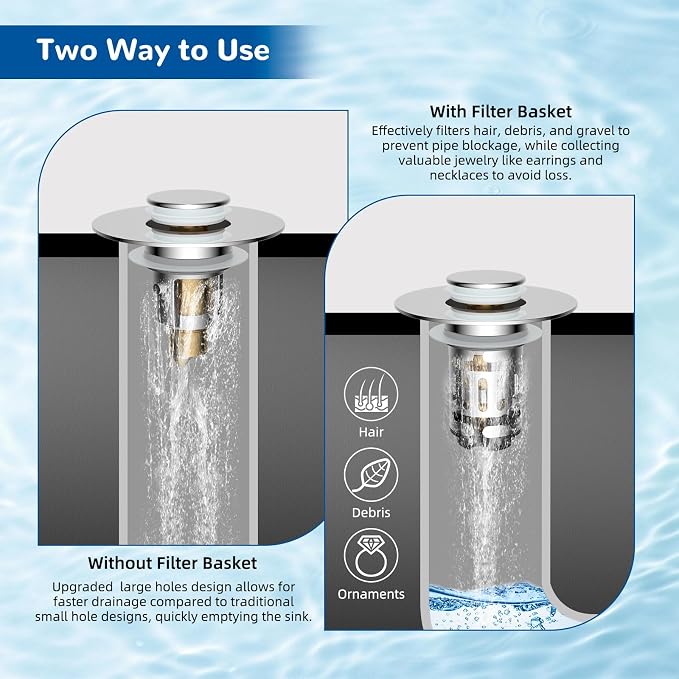 Hibbent Upgraded 3 in 1 Bathroom Sink Drain Strainer, Universal Pop Up Stopper with Removable Stainless Steel Filter Basket Hair Catcher, Sink Plug for 1.1''~2.36'' Basin, Brass Bullet Core, Chrome