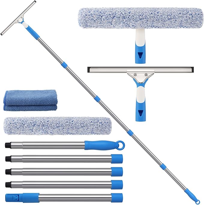 77'' Long Squeegee Window Cleaner Tool for Indoor Outdoor Windows | Professional Window Cleaning Kit with Extension Poles for High Windows Car Windshield Shower Glass Door Solar Panel