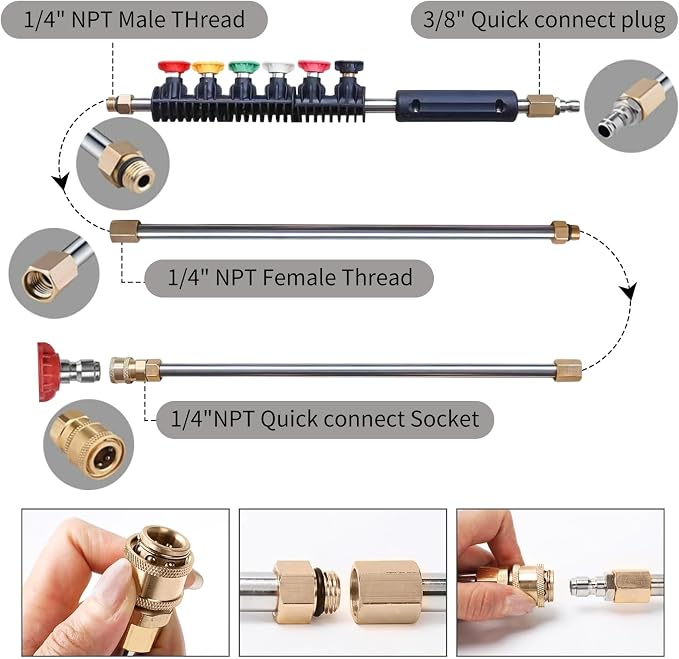 Pressure Washer Extension Wand, Pressure Washer Lance 9 Pack Gutter Cleaning Tools with 6 Spray Nozzle Tips, 30°,90°,120° Curved Rod, 1/4" Quick Connect, 4000 PSI