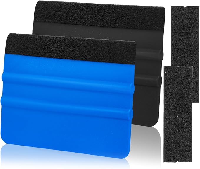 Squeegee for Vinyl, 4 Inch, Black and Dark Blue, 2 Pcs | Extra 2 Felt Replacements, Non Slip Plastic 4 Inch Squeegee, Scratch Free Bubble Elimination, Tool for Car Wrap Window Tint