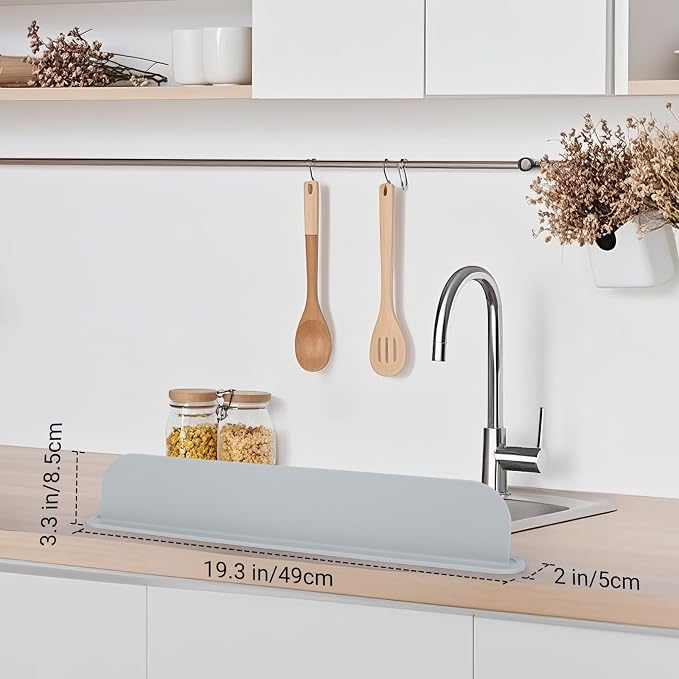 19.3 inch Kitchen Sink Splash Guard, Silicone Sink Baffle Splash Guard, Backsplash Protector for Kitchen Countertop & Bathroom Bathtub with Non-Slip Strong Suction, Gray