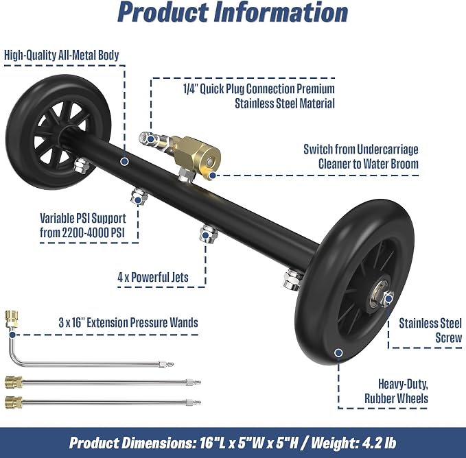 16" Undercarriage Pressure Washer Attachment, Water Broom | Under Carriage Car Cleaner, Electric Power Wash Accessories with 3 Pieces Extension Wand, 1/4" Connector, 4000 PSI, Black