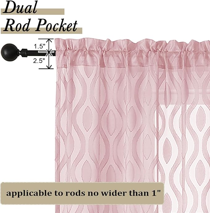 Aiyufeng Blush Pink Sheer Curtains 84 Inches Long 2 Panels Set, Soft Airy Lightweight Transparent Wavy Line Jacquard Farmhouse Curtians for Bedroom Living Room, Dual Rod Pocket, Total 80 inches Width