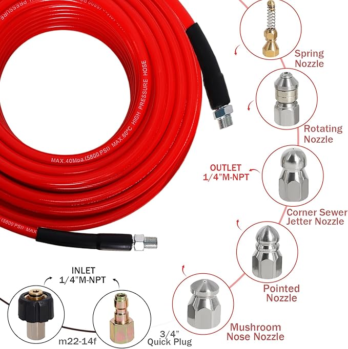 100FT Sewer Jetter Kit for Pressure Washer 5800PSI Drain Cleaner | 1/4" NPT Hose with 5 Jetting Nozzles Waterproof Tape and Spanners for Pressure Washer Drain Cleaning
