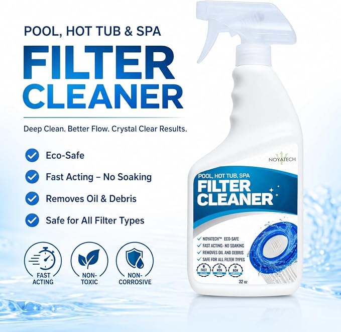 NOYATECH Pool Filter Cleaner Spray – No Soak Cartridge Cleaner for Hot Tub, Spa & Pool Filters – Removes Oil, Grease & Buildup Fast – Extends Filter Life – Gallon