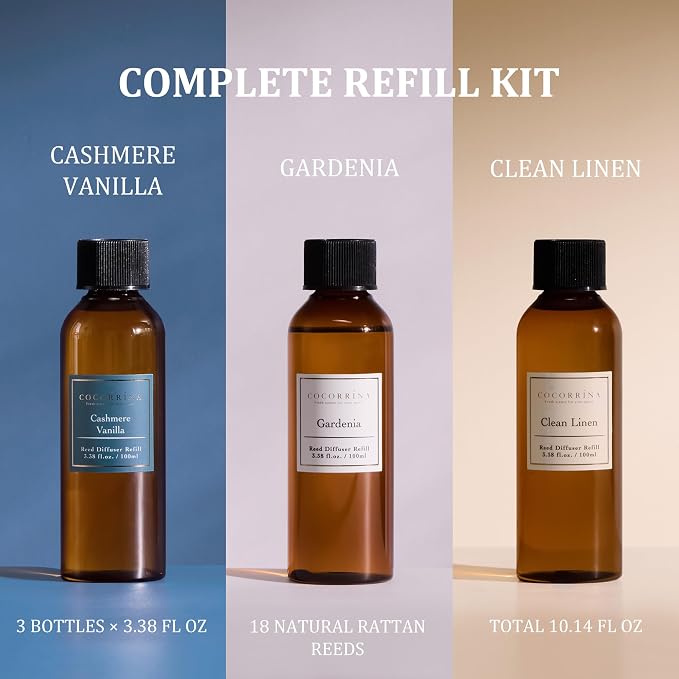 Reed Diffuser Refill Set, 10.2oz Scented Oil Refill 3 Pack, Clean Linen, Cashmere Vanilla, Gardenia, Long Lasting Oil Diffuser Refill with 18 Sticks for Bathroom & Bedroom