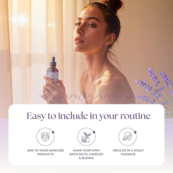 Siva Lavender Essential Oil, Glass Bottle with Dropper, 4 Fl Oz (118 ml) | Lavender Oil for Diffuser, Humidifier, Linen Spray, Skin Care, Hair Care, Body Massage, Soap, Candle, Bath Salt & DIY Blends