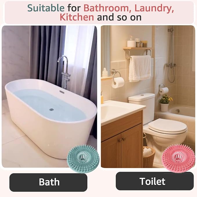 Silicone Hair Catcher for Shower Drain & Bathtub – 3 Pack (Grey/Blue/Pink), Anti-Clog Drain Strainer with Strong Suction, Easy Install, for Bathroom, Kitchen & Pet Hair (Patented)