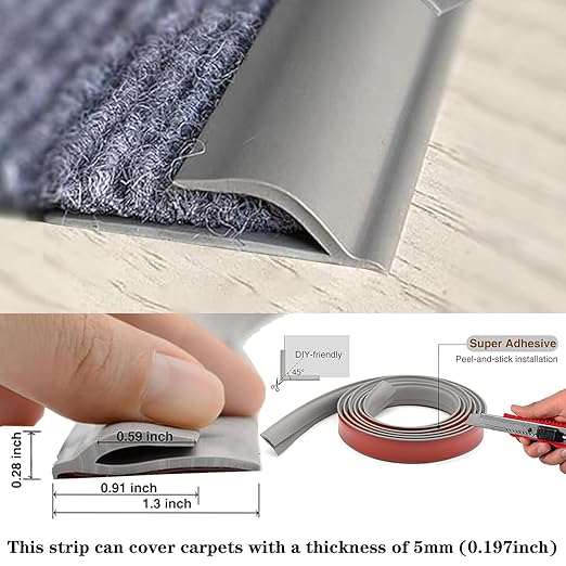 Self Adhesive Carpet Transition Strip with Edge Trim, Designed for Seamless Transitions from Carpet to Tile or Vinyl Floors, Perfect for Doorways.(Gray,5ft)